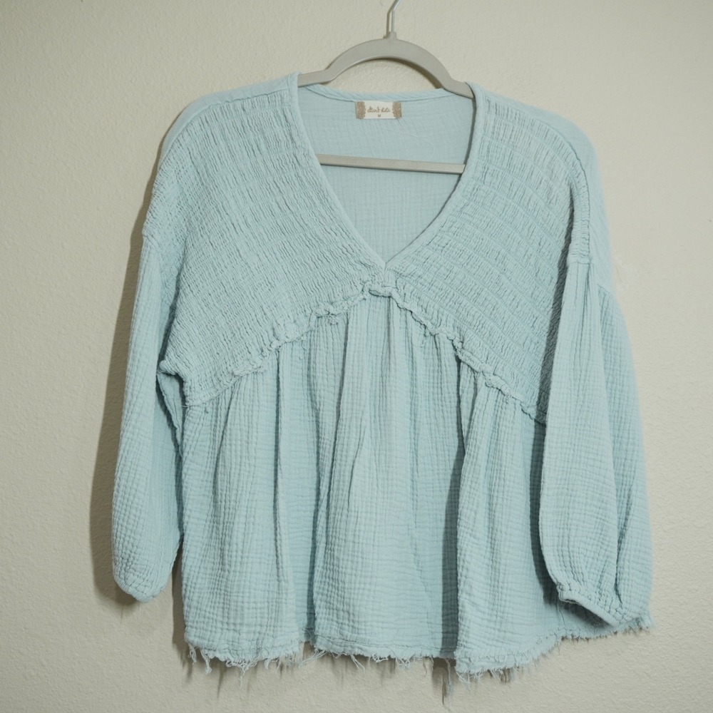 Altar'd State Size Medium Light Blue Blouse Babydoll Gauze Long Sleeve V-Neck